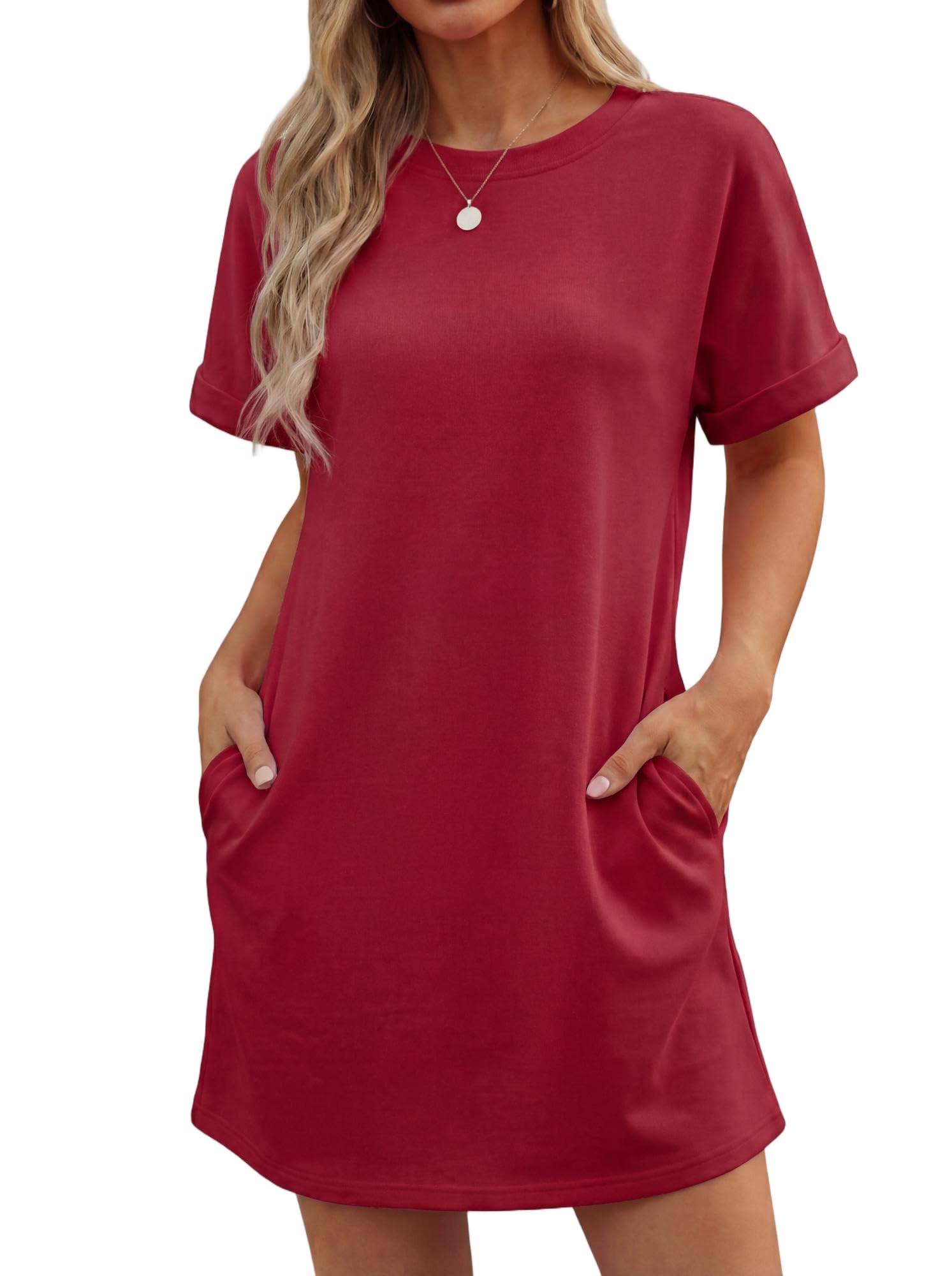 Vestido Lewina para mujer – Cuello redondo, mangas cortas, corte línea A mini y bolsillos, color liso verano