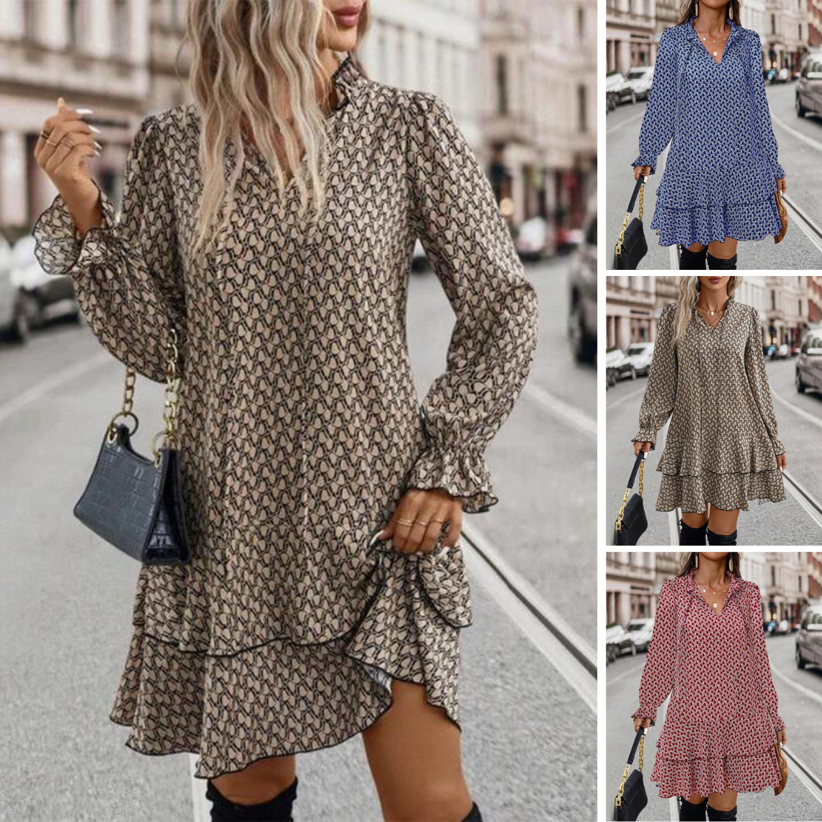 Vestido Mulher Stella – Vestido Elegante com Mangas Compridas, Corte Descontraído e Estilo Intemporal