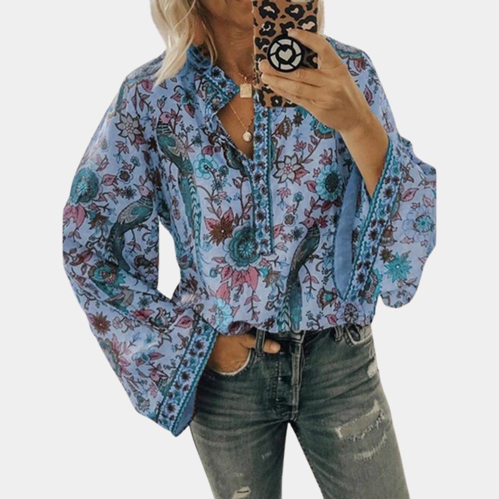 Cynthia Blouse Femme – Haut Fleuri à Manches Bouffantes & Tissu Respirant pour Été Élégant