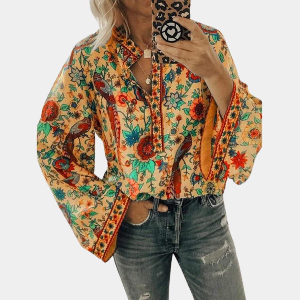 Cynthia Blouse Femme – Haut Fleuri à Manches Bouffantes & Tissu Respirant pour Été Élégant