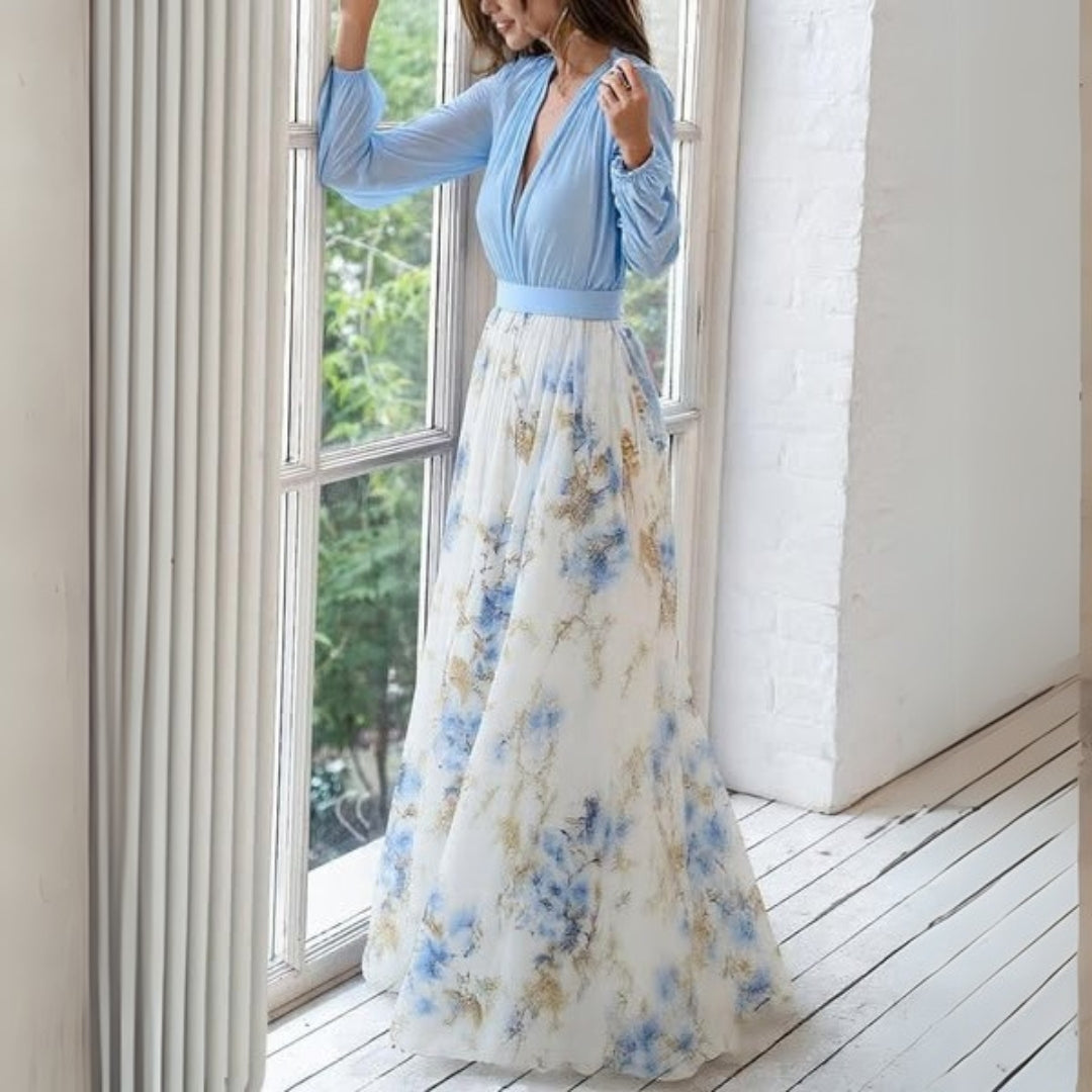 Lily Robe Longue Femme – Imprimé Fleuri Bleu Ciel, Tissu Léger & Coupe Élégante