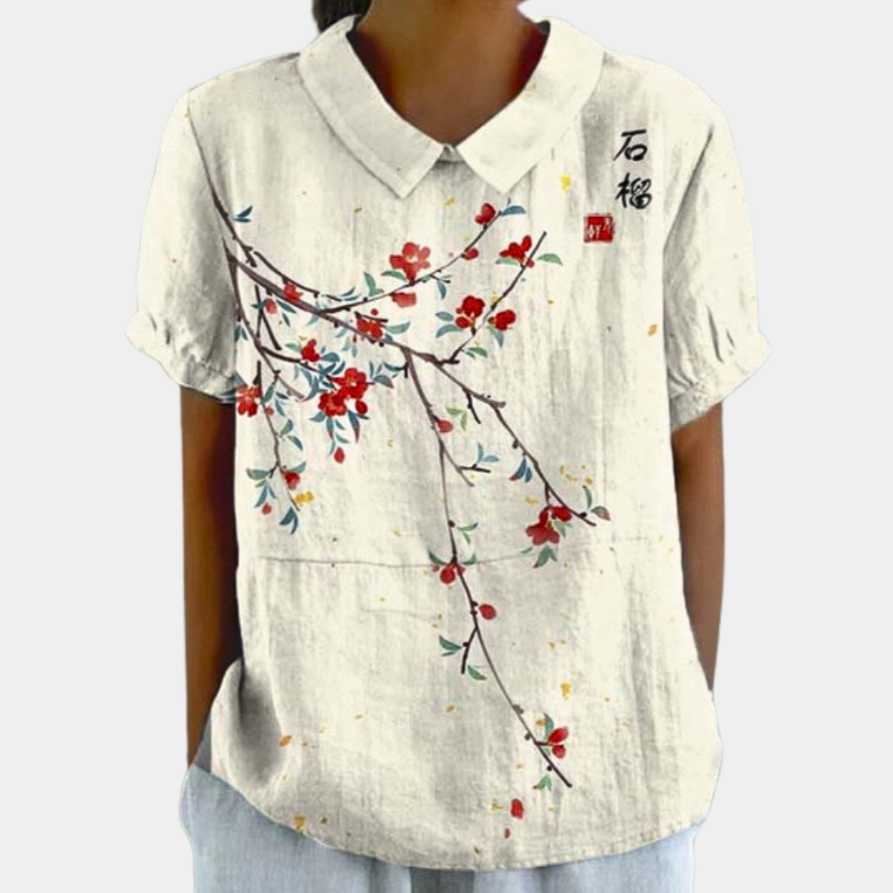 Bruna Blouse Femme – Haut Décontracté à Manches Courtes avec Imprimé Fleuri Pastoral & Col Rond