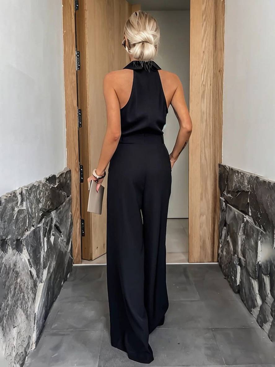 Aliya Combinaison Femme – Salopetă largă fără mâneci cu guler cămașă, decupaje și buzunare