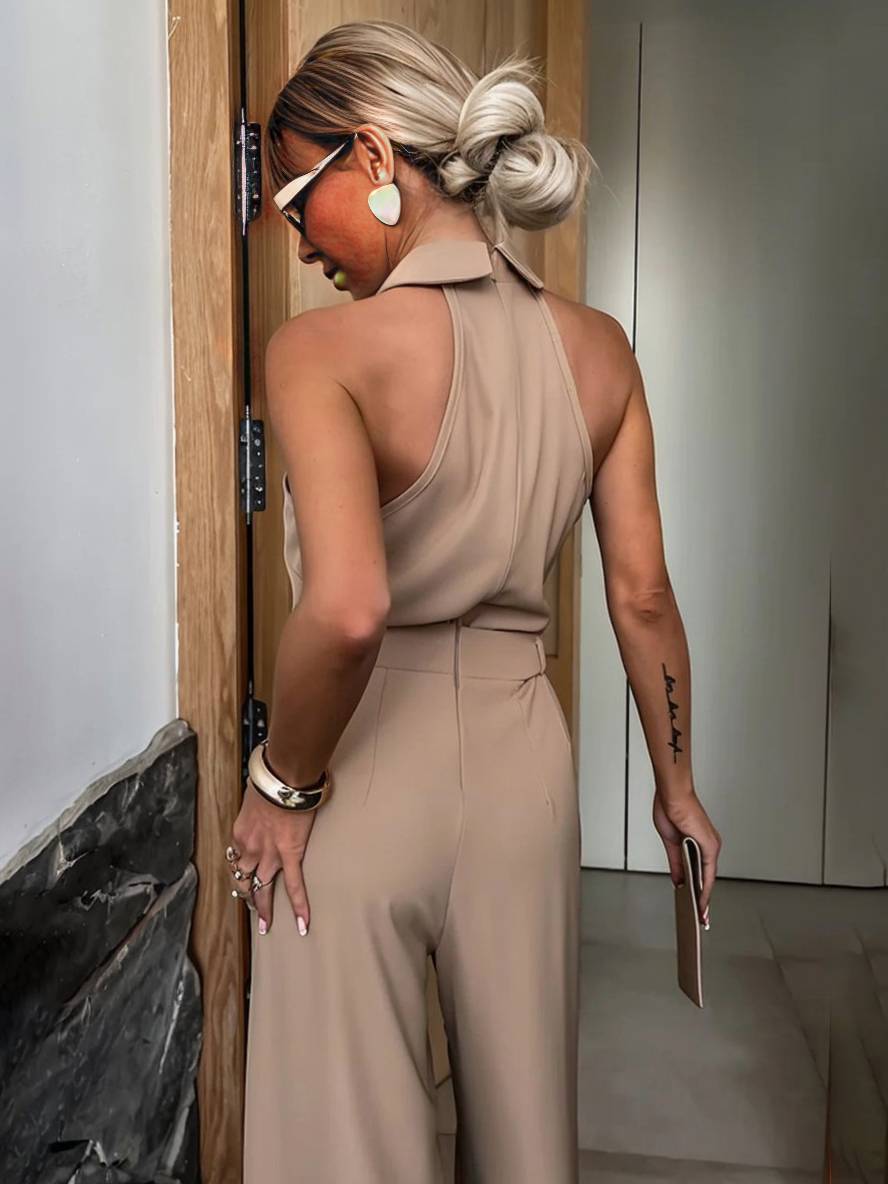 Aliya Combinaison Femme – Salopetă largă fără mâneci cu guler cămașă, decupaje și buzunare