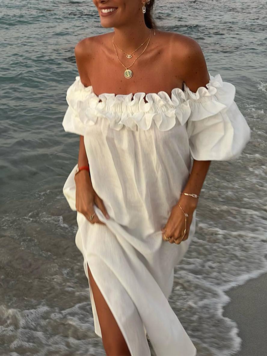 Kimberly Robe Femme – Langes lässiges Kleid mit U-Boot-Ausschnitt, Puffärmeln & Seitenschlitz