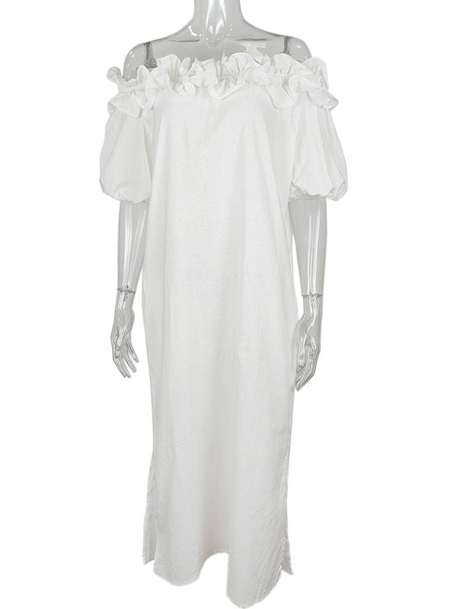 Kimberly Robe Femme – Langes lässiges Kleid mit U-Boot-Ausschnitt, Puffärmeln & Seitenschlitz