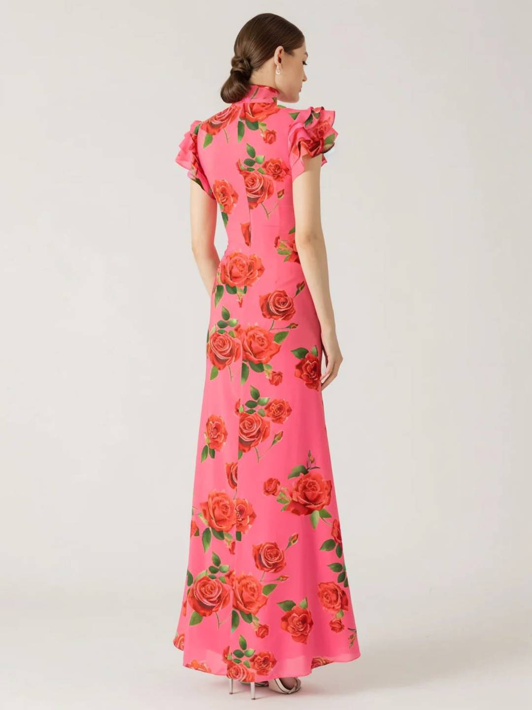 Thalia Abendkleid Damen – Elegantes langes Blumenkleid mit Volants, Stehkragen & Knopfdetail
