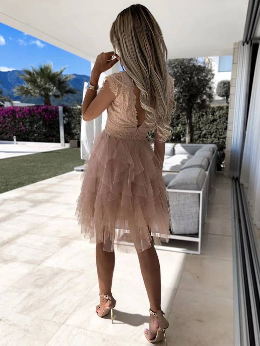 Wendy Φόρεμα Κοκτέιλ Γυναικείο – Κοντό Αμάνικο Φόρεμα από Τούλι σε Στυλ Τούτου με V Ντεκολτέ & Ανοιχτή Πλάτη