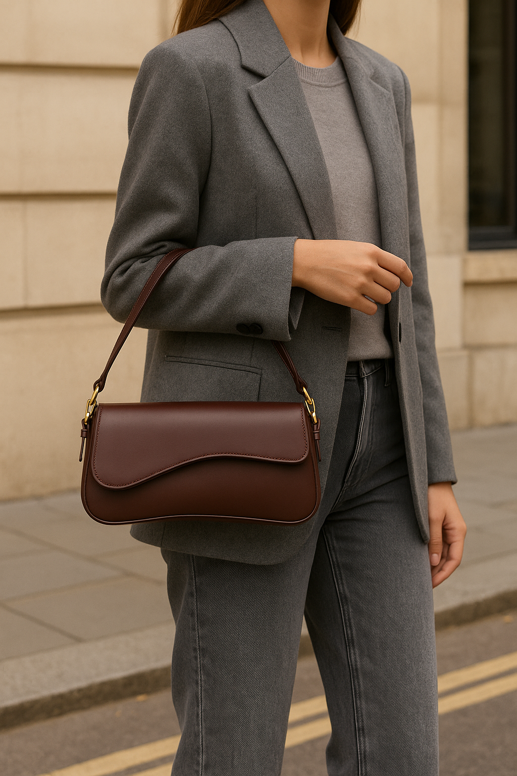 Hadley Sac Baguette Femme – piele vegană netedă cu siluetă asimetrică și detalii aurii elegante