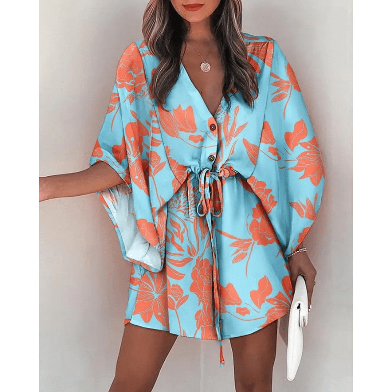 Robe Mini Bohème Cilla Fleurie Manches Courtes Kimono Été