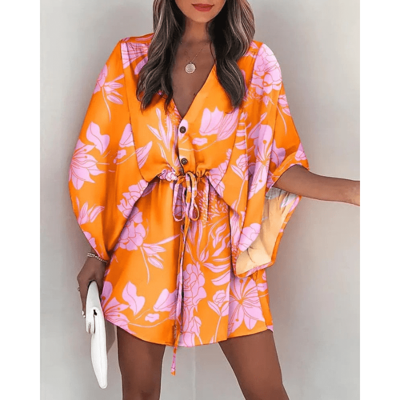 Robe Mini Bohème Cilla Fleurie Manches Courtes Kimono Été