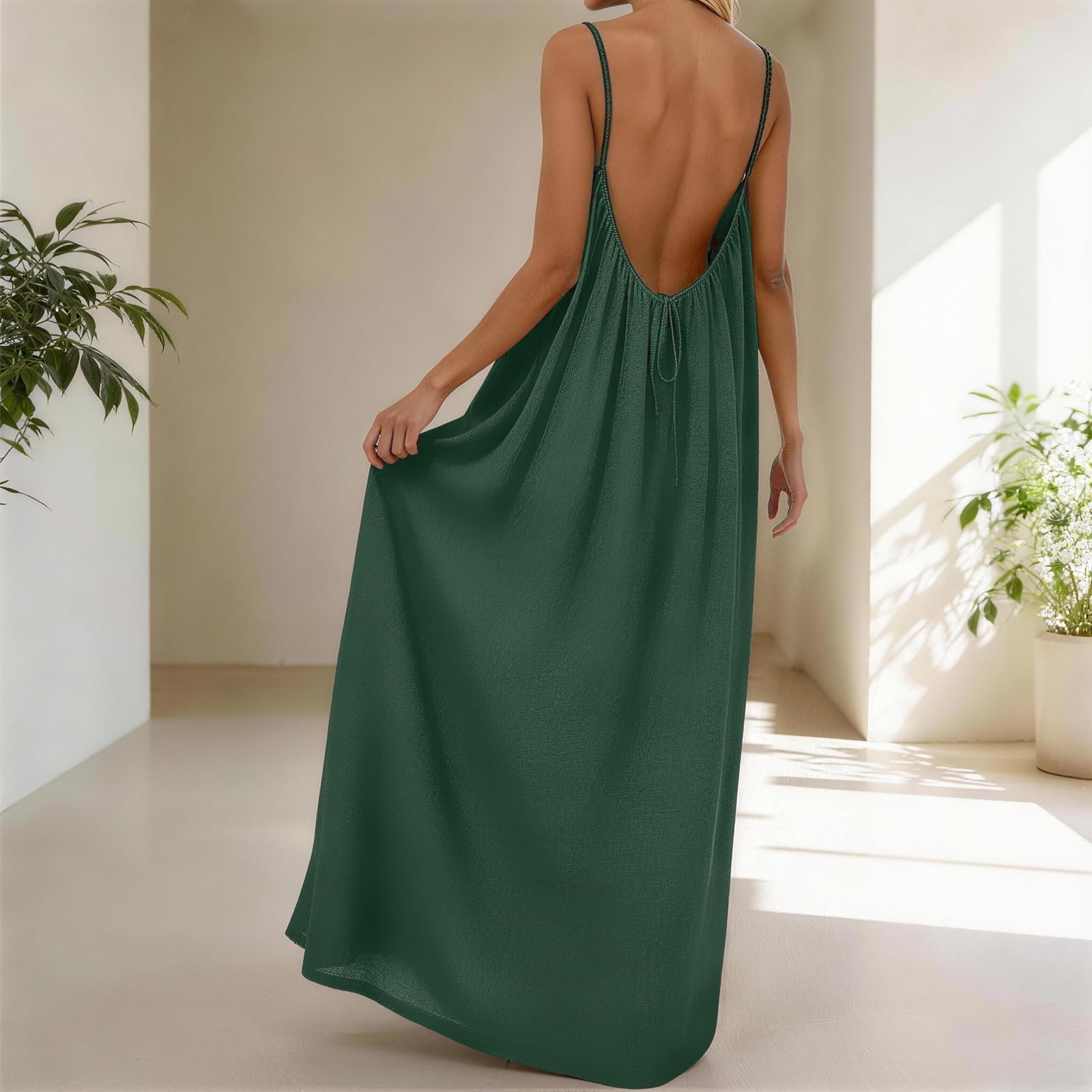 Rowena Maxi-jurk Dames – Open Rug, Verstelbare Bandjes & Effen Zomerjurk met Vloeiende A-lijn