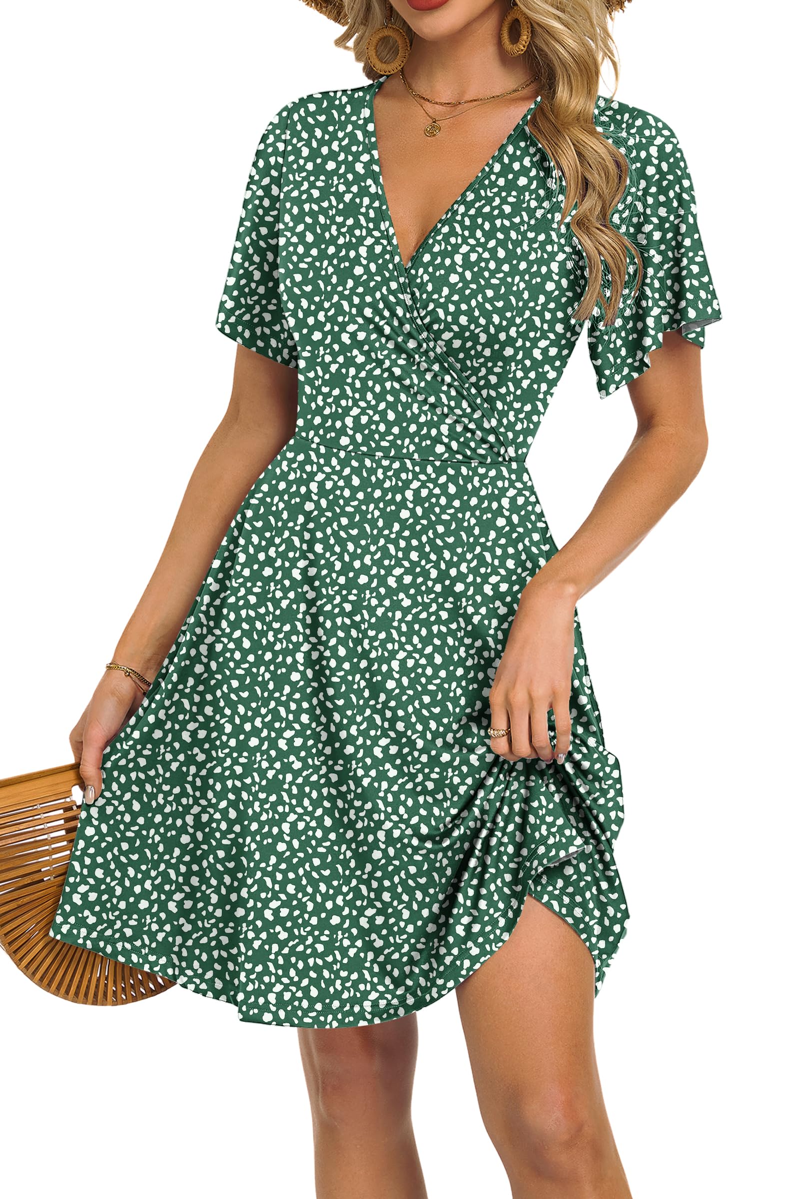 Rochie Mariselle pentru femei – Decolteu în V în stil cache-cœur floral, talie imperiu și buzunare, croială evazată, vară