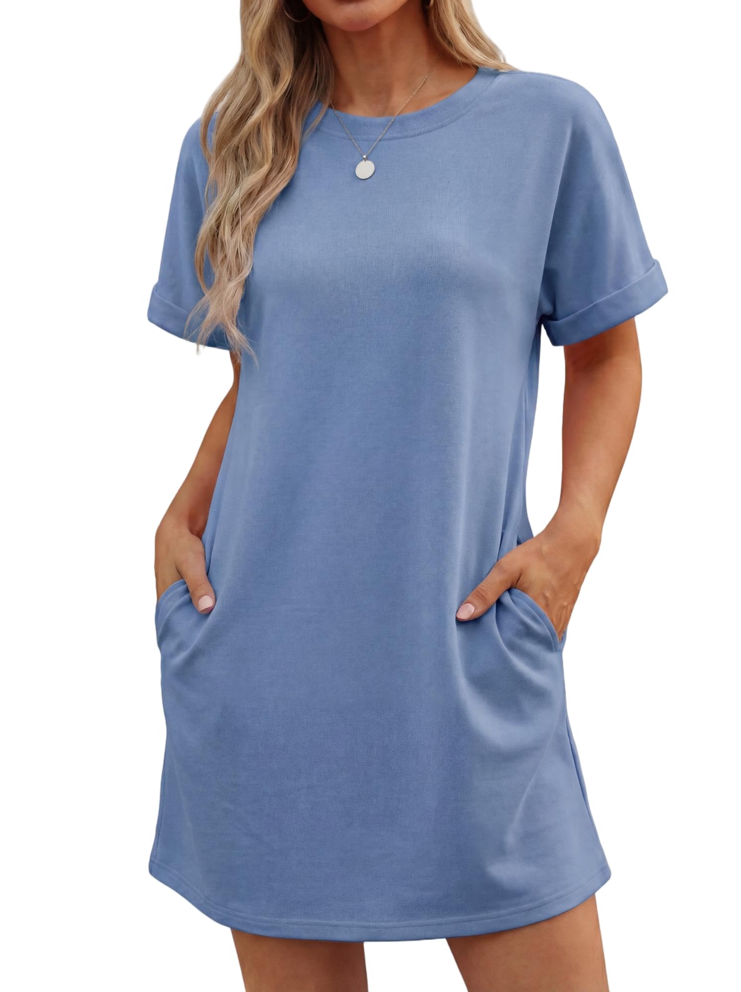 Vestido Lewina para mujer – Cuello redondo, mangas cortas, corte línea A mini y bolsillos, color liso verano