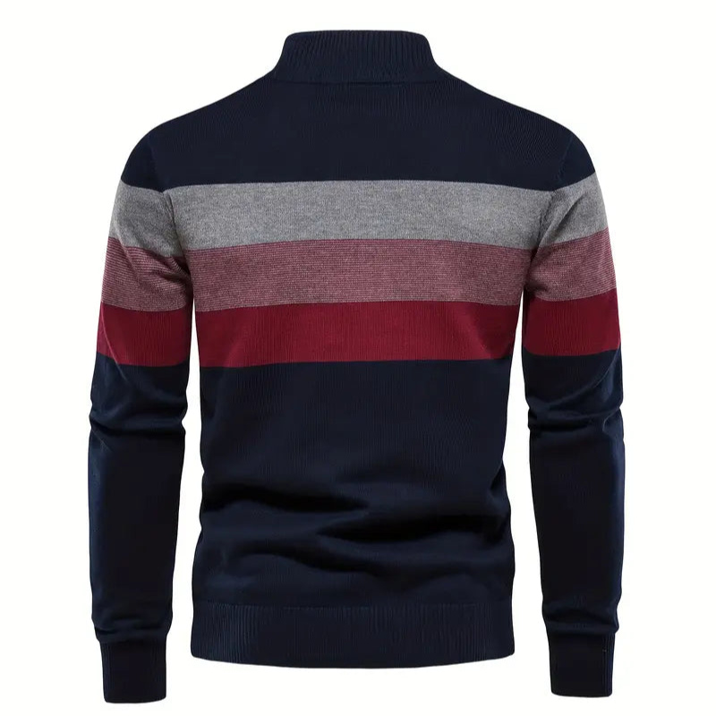 Liam Pull Homme à Rayures – Stehkragen mit Reißverschluss, warm & bequem aus Polyesterwolle