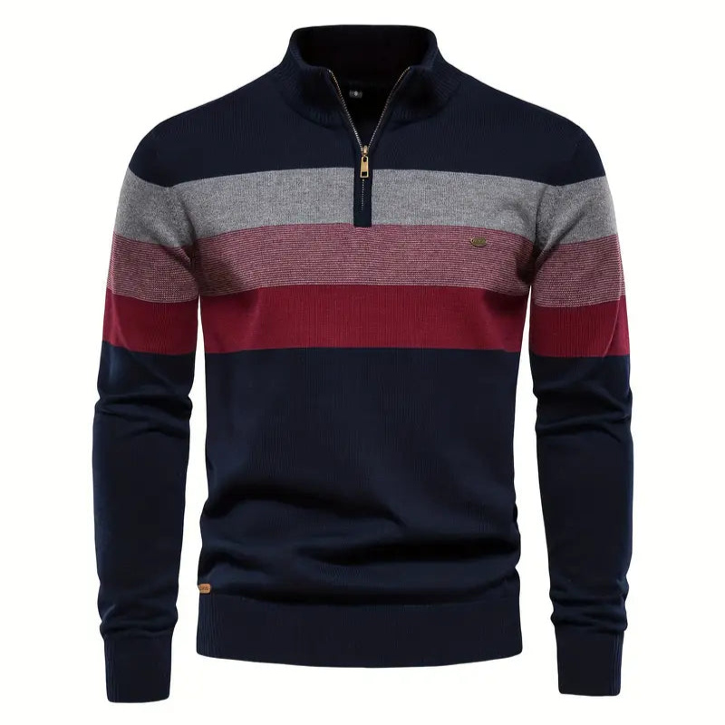 Liam Pull Homme à Rayures – Stehkragen mit Reißverschluss, warm & bequem aus Polyesterwolle