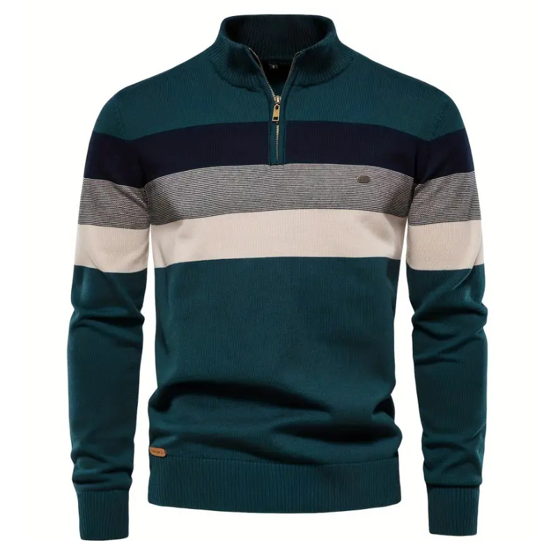 Liam Pull Homme à Rayures – Stehkragen mit Reißverschluss, warm & bequem aus Polyesterwolle