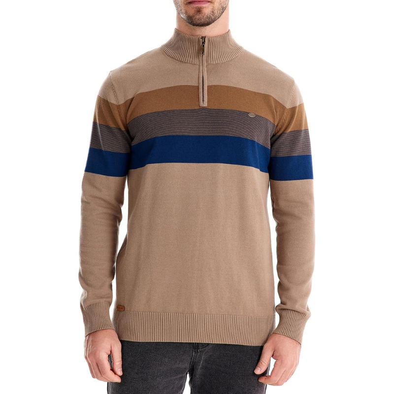 Liam Pull Homme à Rayures – Stehkragen mit Reißverschluss, warm & bequem aus Polyesterwolle