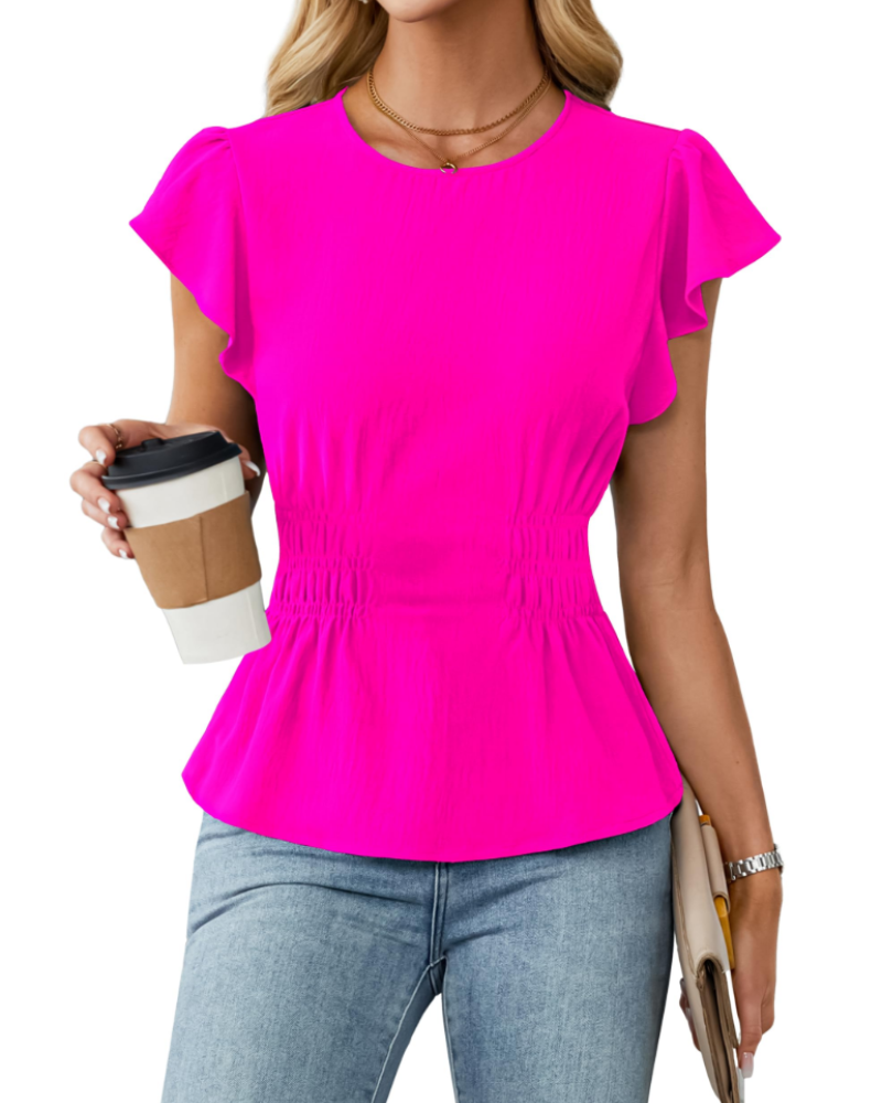 Divina Women's Blouse – Round Neck, Ruffled Sleeves, Smocked Waist & Business Casual Style