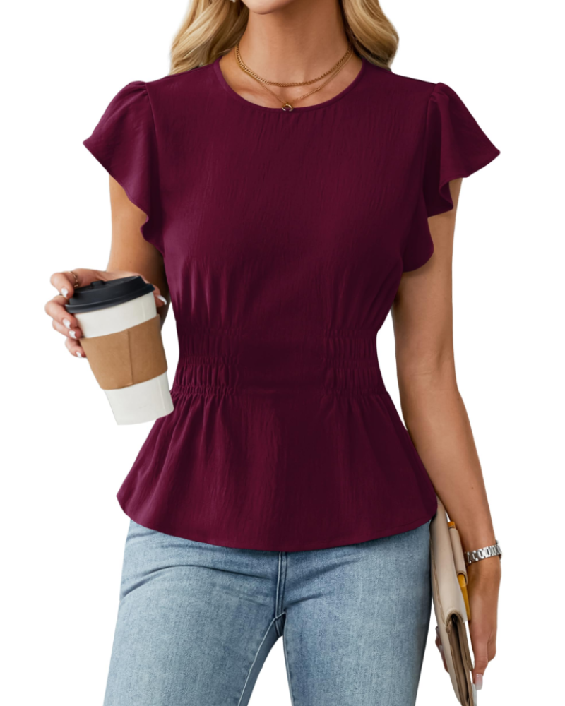 Divina Women's Blouse – Round Neck, Ruffled Sleeves, Smocked Waist & Business Casual Style