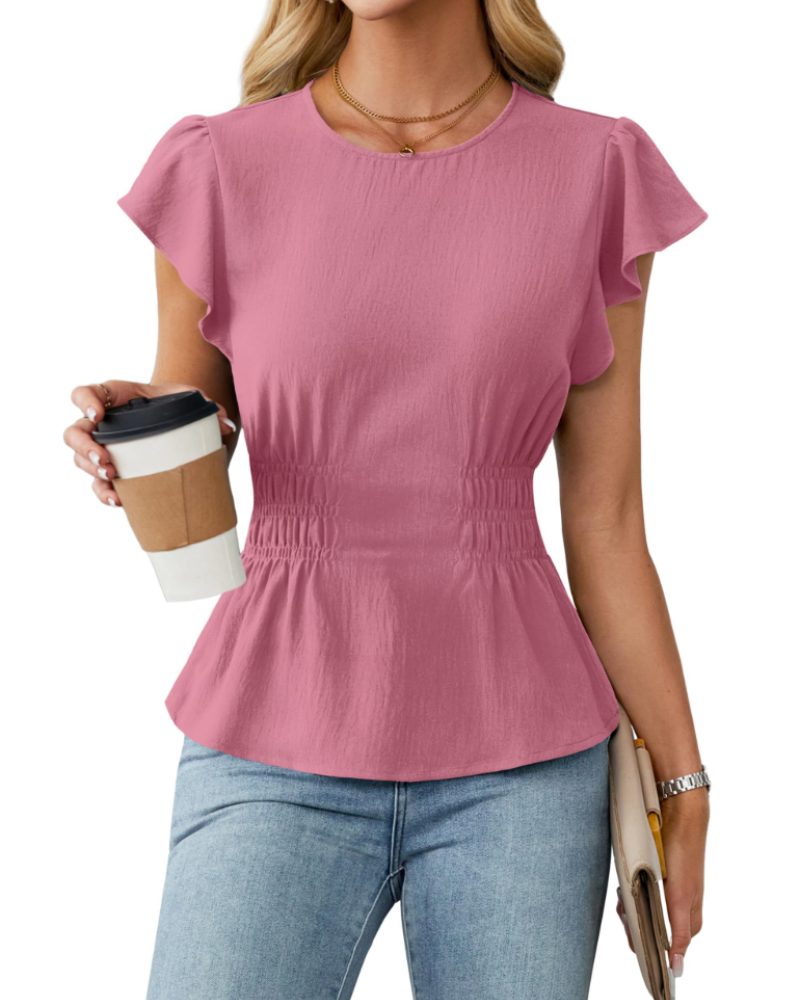 Divina Women's Blouse – Round Neck, Ruffled Sleeves, Smocked Waist & Business Casual Style