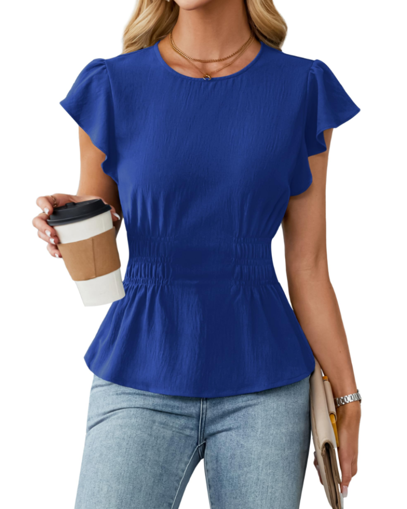 Divina Women's Blouse – Round Neck, Ruffled Sleeves, Smocked Waist & Business Casual Style
