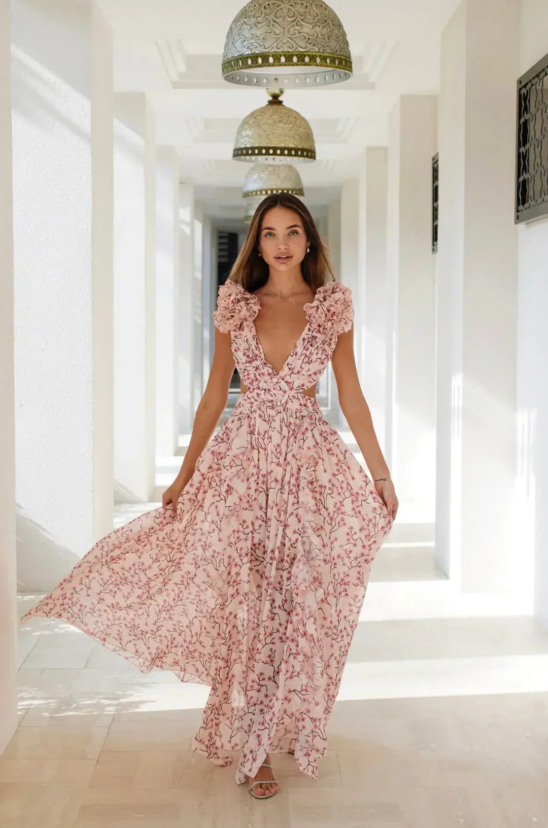 Bea Robe Maxi Femme – Bedruckt mit Blumenmuster, Volants & luftige sommerliche Eleganz