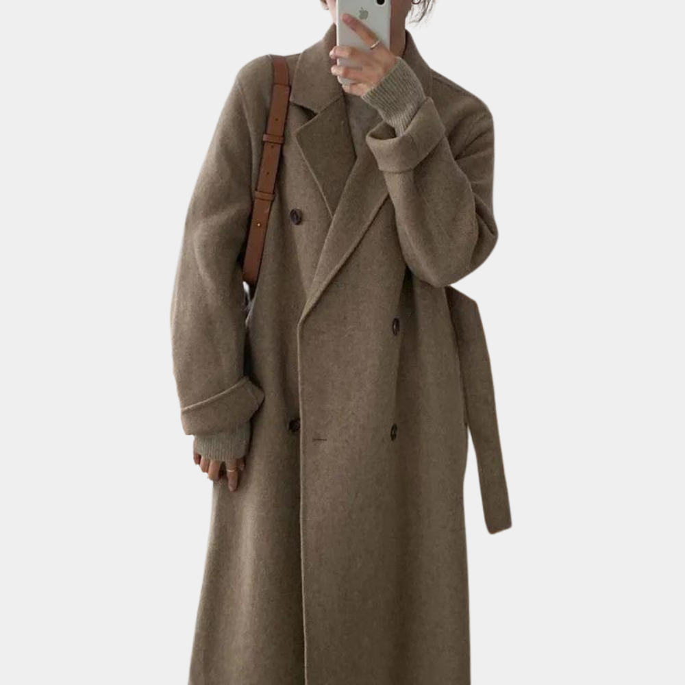 Amelia Women's Winter Long Coat – Elegant Double-Breasted with Warm Lining