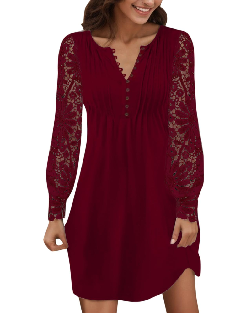 Maricel Abito Donna – Abito Corto in Pizzo con Scollo a V, Maniche Lunghe, Taglio Slim, Chic ed Elegante