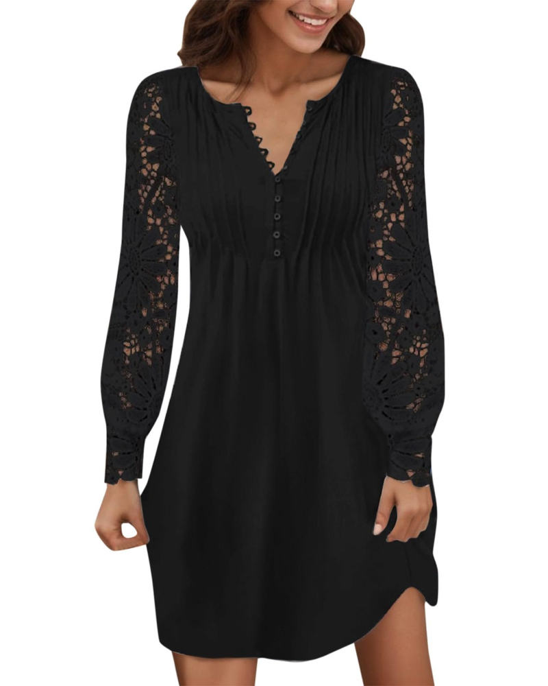 Maricel Abito Donna – Abito Corto in Pizzo con Scollo a V, Maniche Lunghe, Taglio Slim, Chic ed Elegante