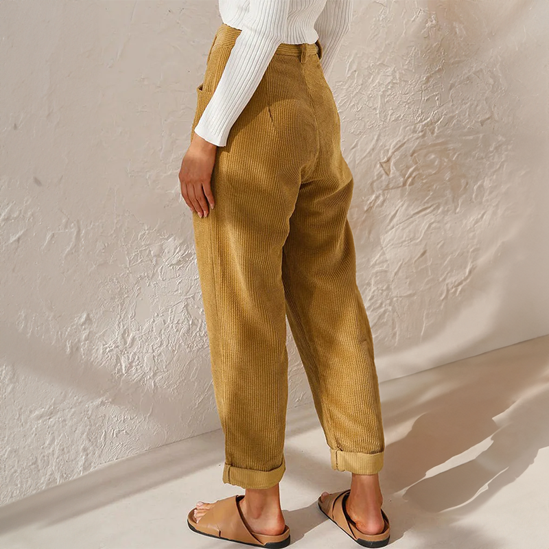 Lisette Pantalon Femme en Velours Côtelé – Taille Haute Confortable & Jambes Amples Look Décontracté