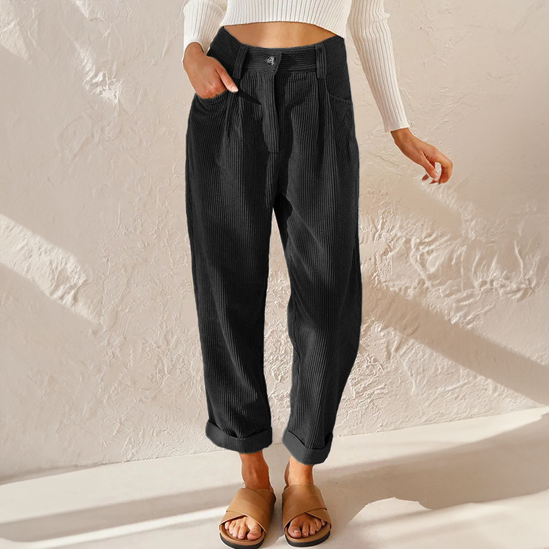 Lisette Pantalon Femme en Velours Côtelé – Taille Haute Confortable & Jambes Amples Look Décontracté