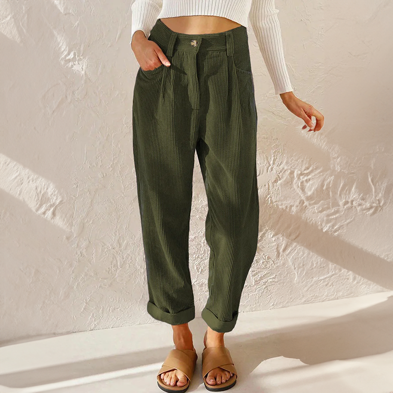 Lisette Pantalon Femme en Velours Côtelé – Taille Haute Confortable & Jambes Amples Look Décontracté