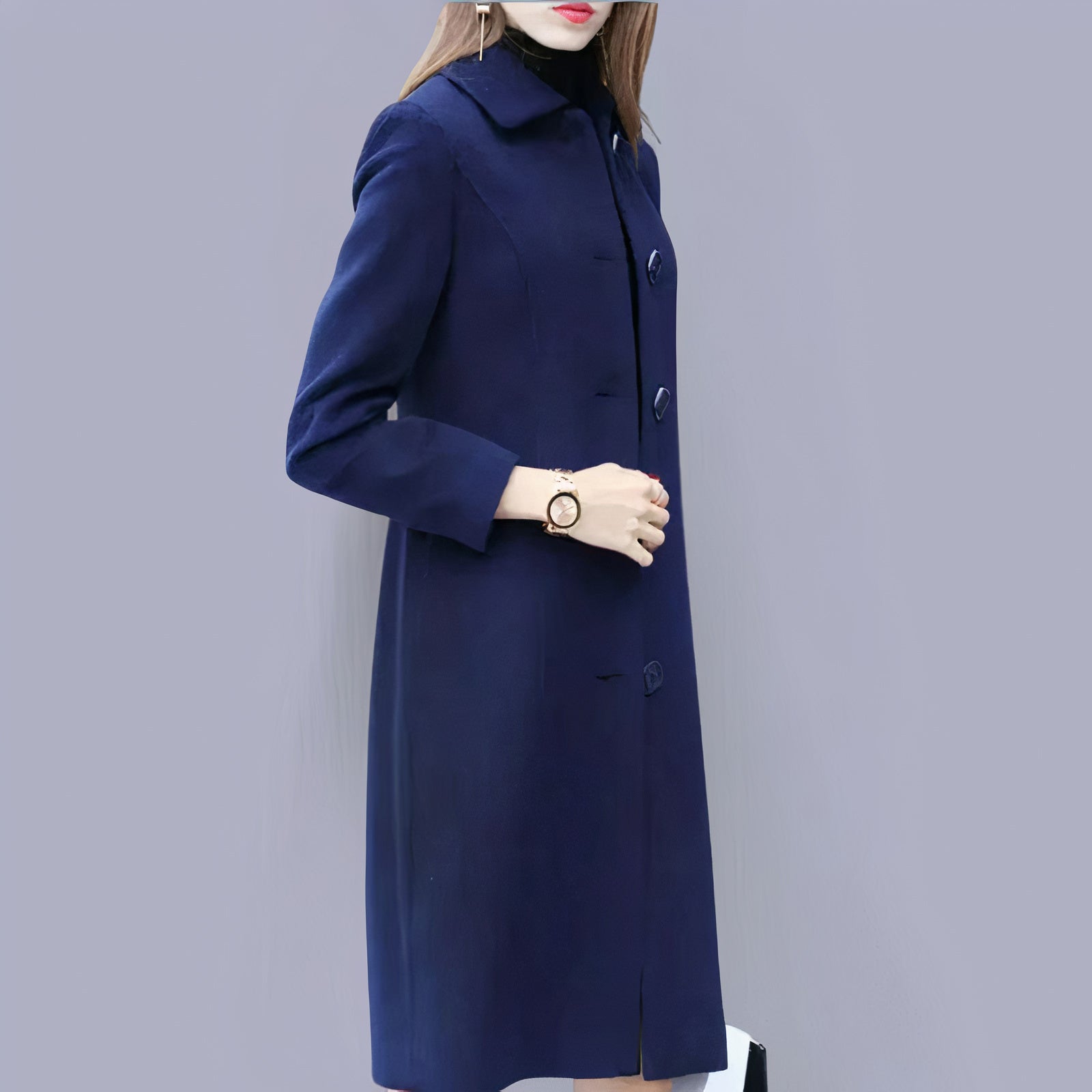 Analia Manteau Femme Elegant – Dlouhý klasický s elegantním límcem, knoflíky a pohodlným střihem