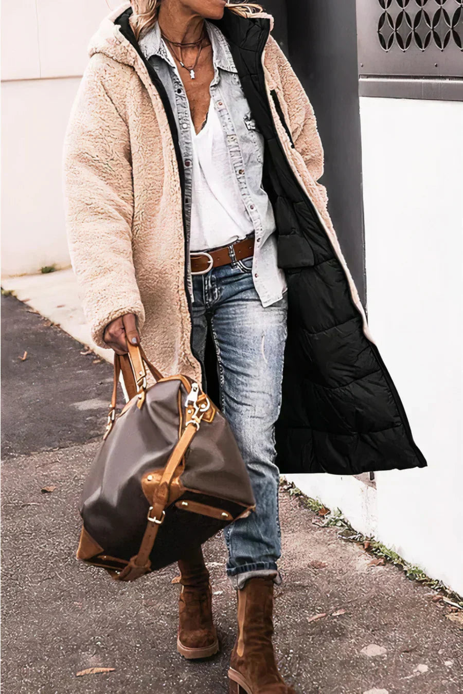 Camila Manteau Long Matelassé pour Femme – Capuche en fausse fourrure et fermeture zippée intégrale