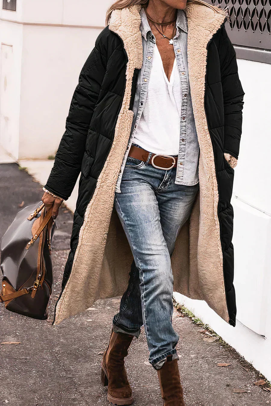 Camila Manteau Long Matelassé pour Femme – Capuche en fausse fourrure et fermeture zippée intégrale
