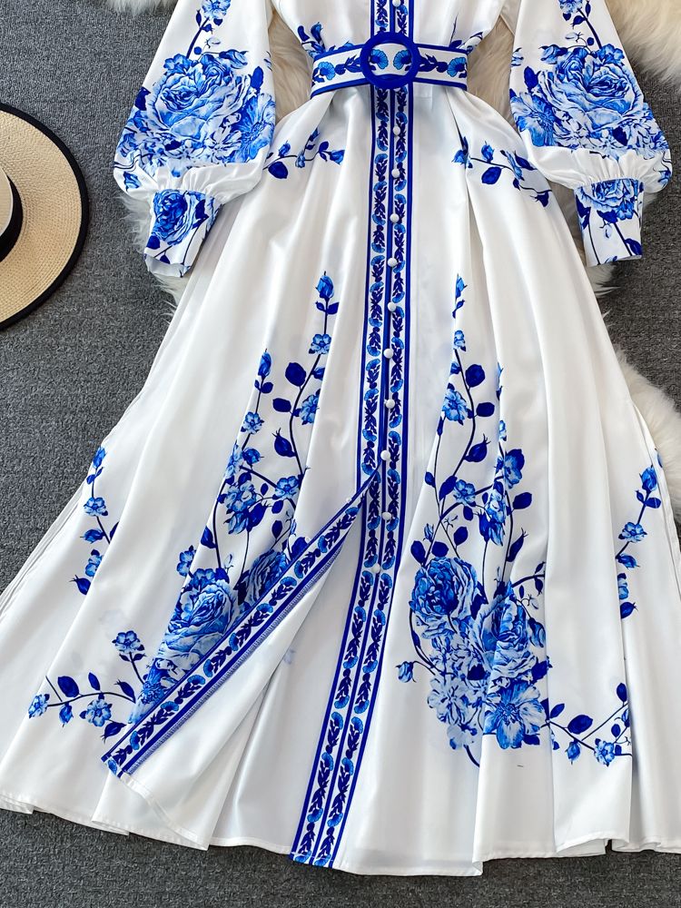 Alina Dámske Dlhé Šaty – Vintage Šaty s Kvetinovým Vzorom a Elegantnými Lampášovými Rukávmi