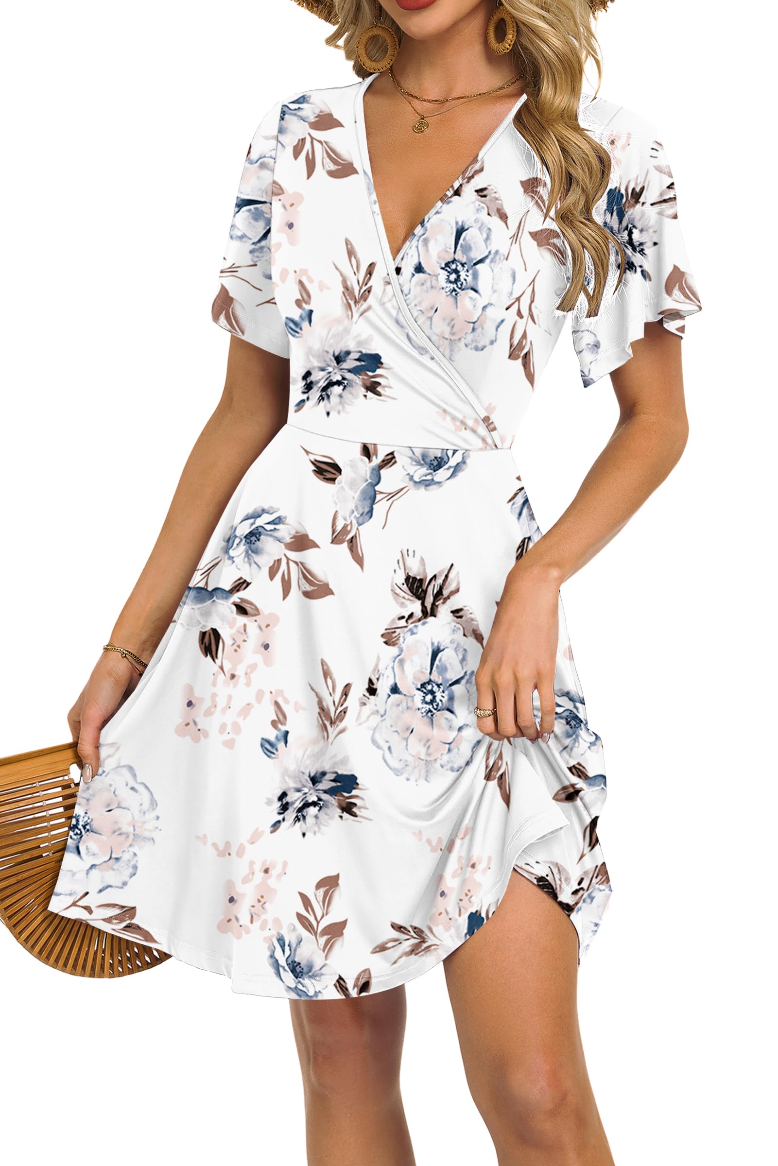 Rochie Mariselle pentru femei – Decolteu în V în stil cache-cœur floral, talie imperiu și buzunare, croială evazată, vară