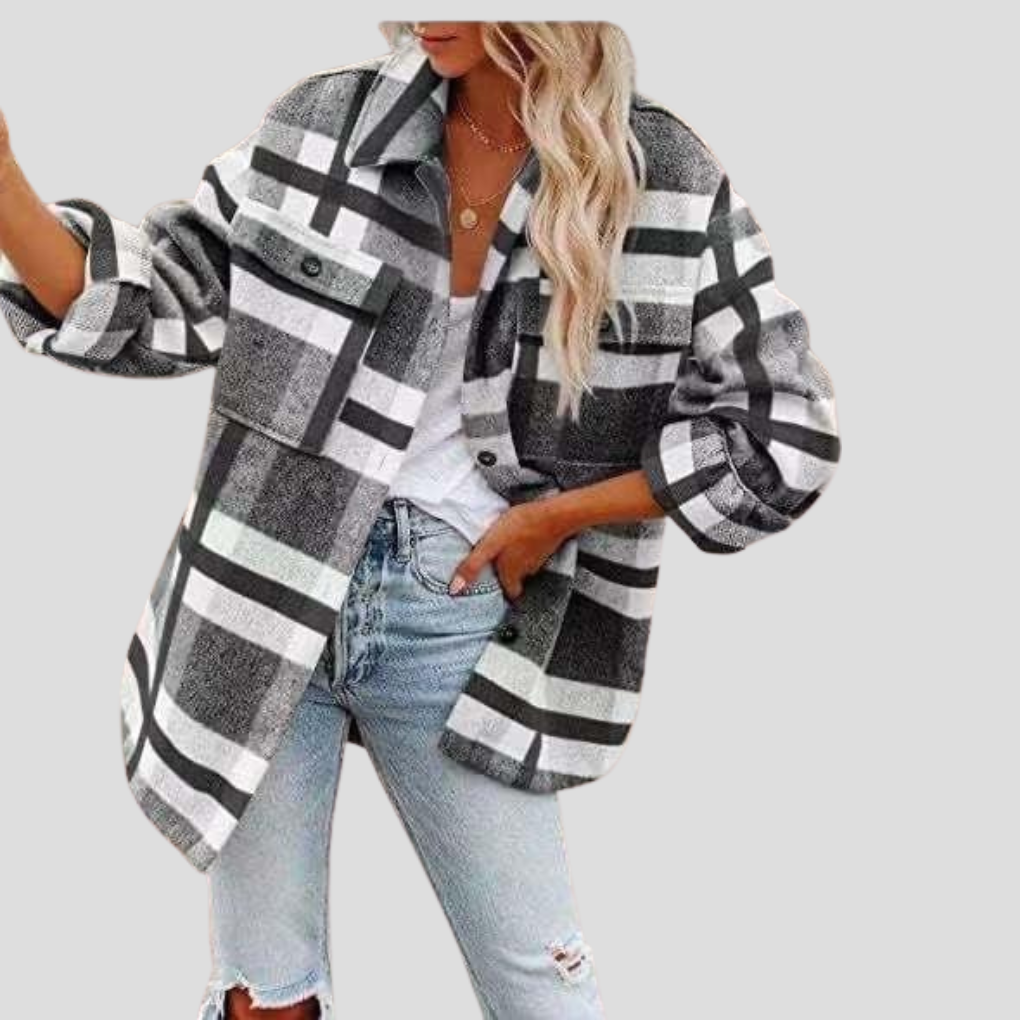 Élise Veste Shacket Emora Nova – Oversize kostkovaný model s nastavitelným páskem