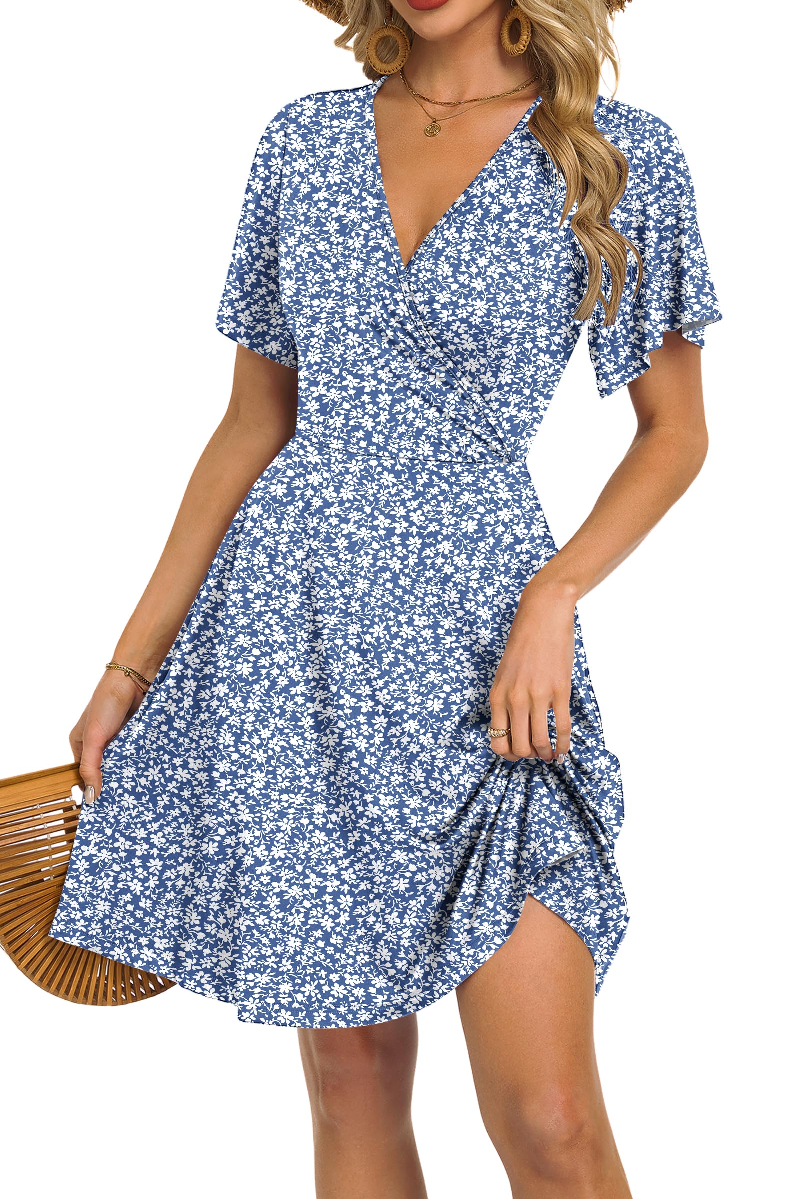 Rochie Mariselle pentru femei – Decolteu în V în stil cache-cœur floral, talie imperiu și buzunare, croială evazată, vară