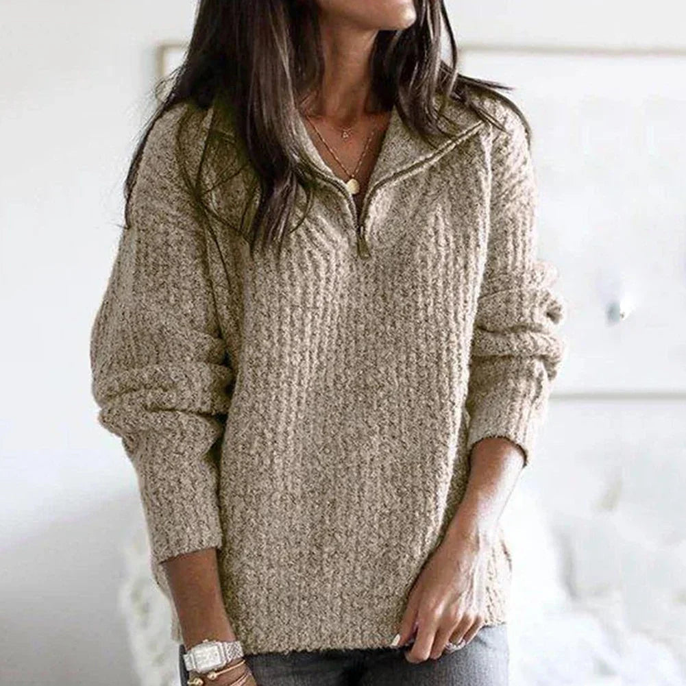 Macy Pull Femme – Demi-Zip pohodlný s volným střihem a žebrovanými detaily