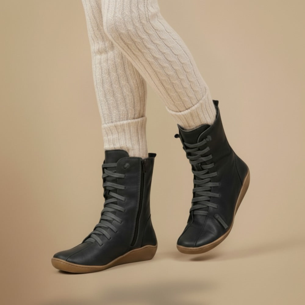 Melly Botas de Media Pantorrilla para Mujer – Botas Retro con Cordones, Cierre de Cremallera y Suela Plana