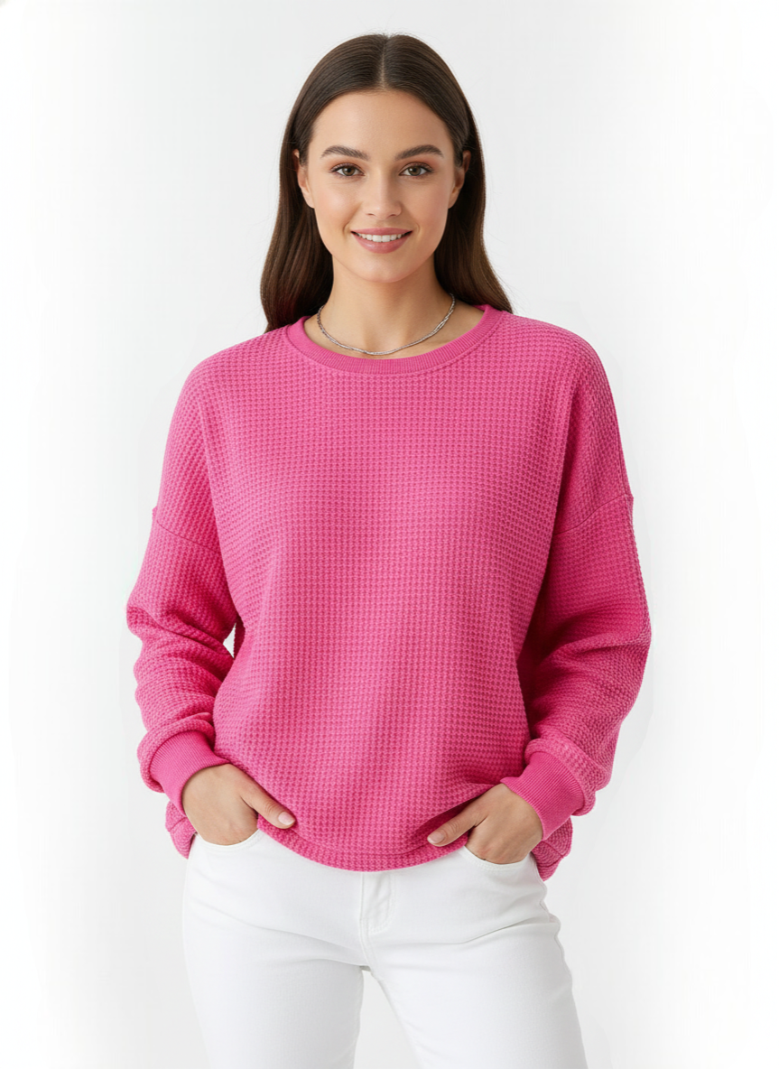 Ireneah Sweter Damski z Dzianiny Waflowej – Oversize Komfortowy Sweter z Mieszanki Bawełny