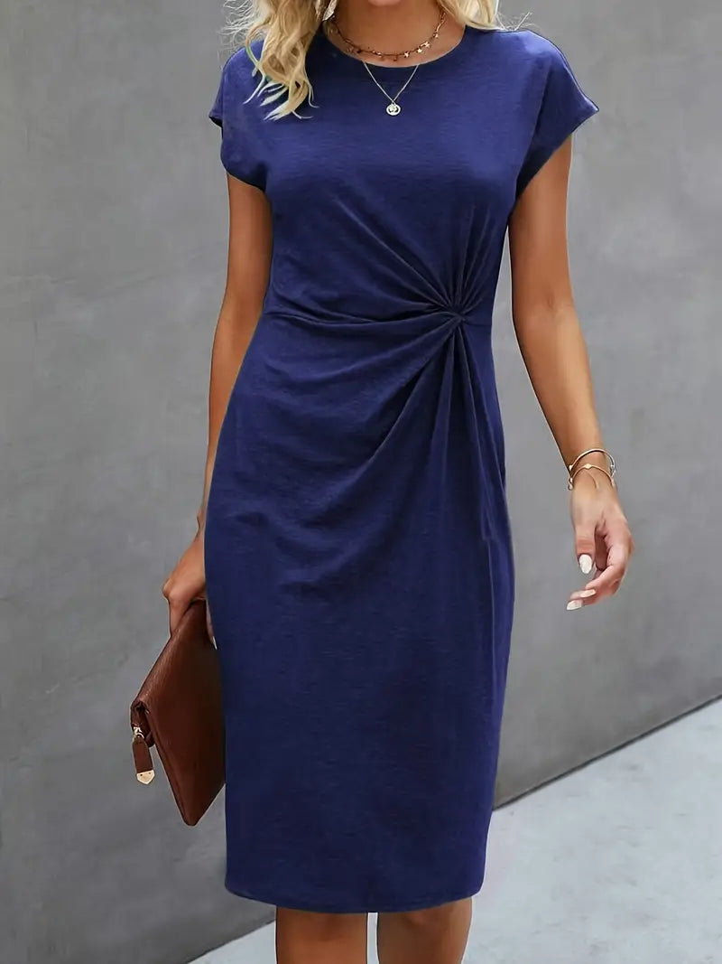 Rochie Midi Camilla pentru Femei – Rochie Elegantă cu Față Răsucită, Mâneci Scurte și Croială Fluidă