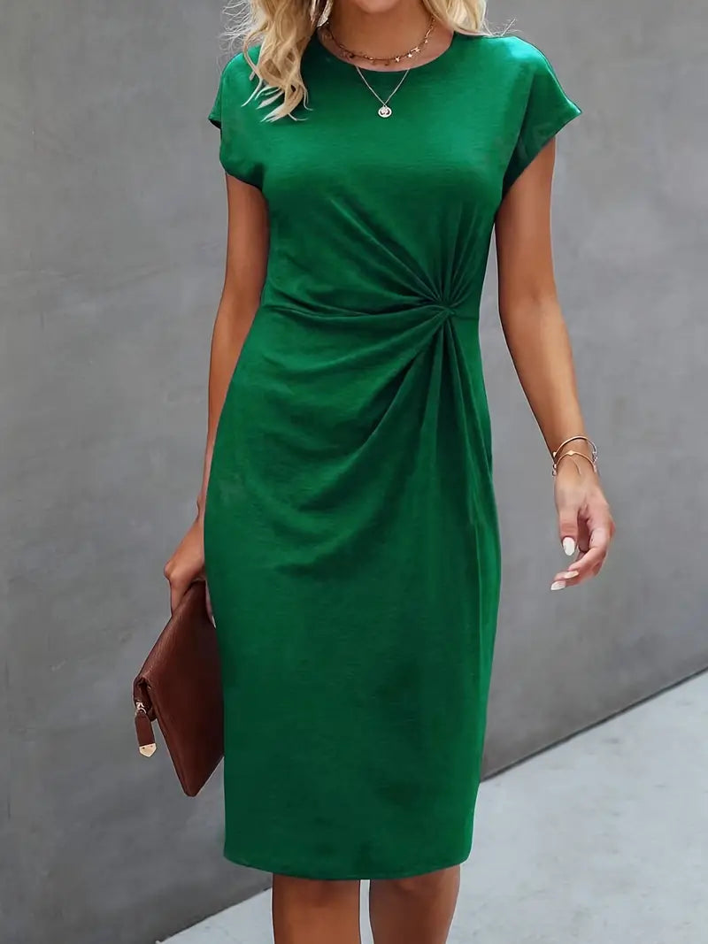 Rochie Midi Camilla pentru Femei – Rochie Elegantă cu Față Răsucită, Mâneci Scurte și Croială Fluidă