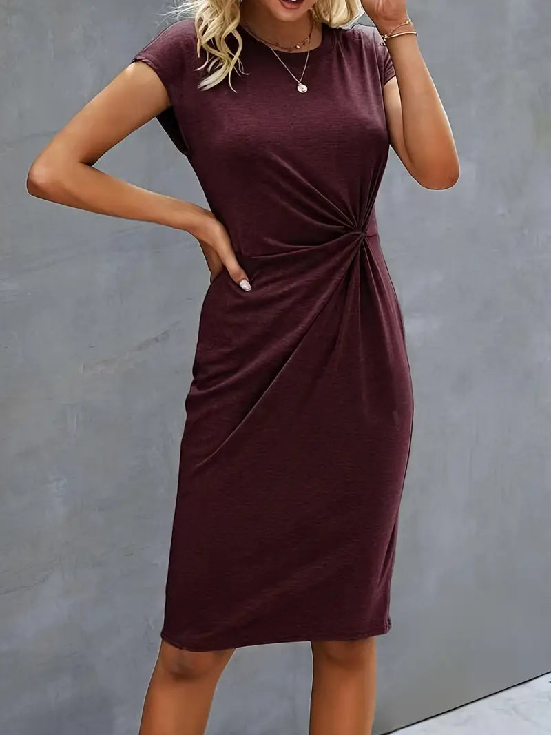 Rochie Midi Camilla pentru Femei – Rochie Elegantă cu Față Răsucită, Mâneci Scurte și Croială Fluidă