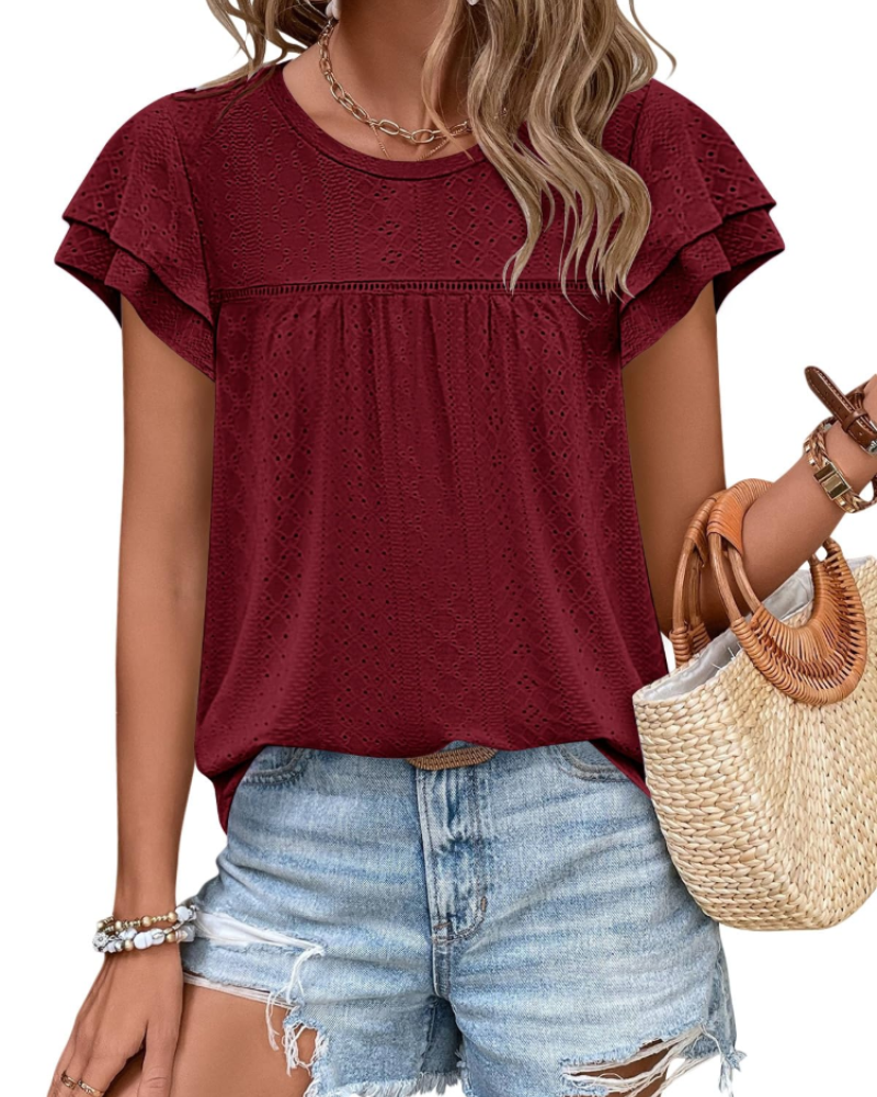 Isara Top Femme – Blusa com Ilhós e Folhos, Corte Babydoll Fluido & Estilo Verão Chic