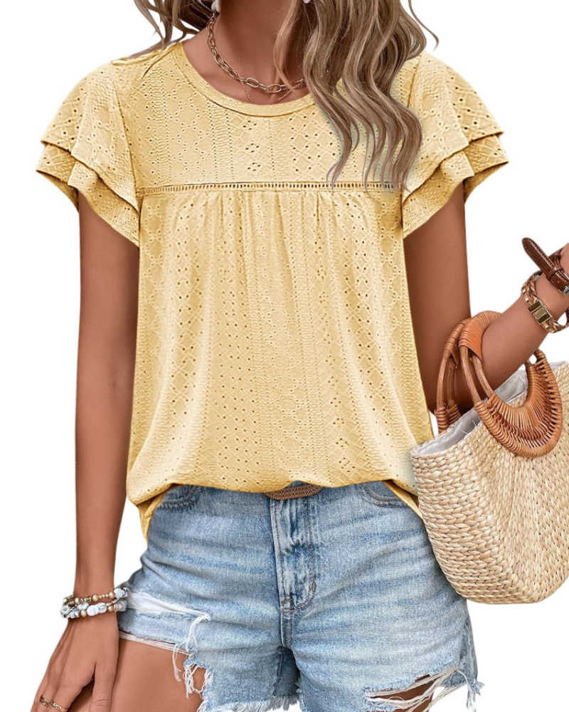 Isara Top Femme – Blusa com Ilhós e Folhos, Corte Babydoll Fluido & Estilo Verão Chic