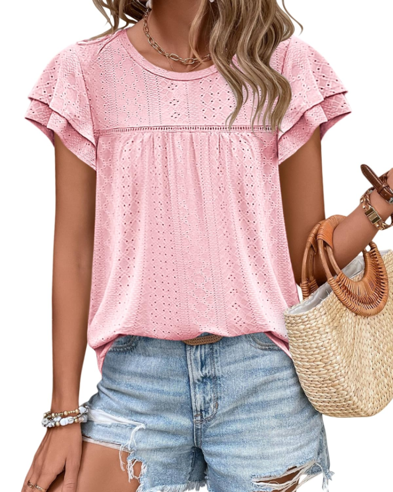 Isara Top Femme – Blusa com Ilhós e Folhos, Corte Babydoll Fluido & Estilo Verão Chic
