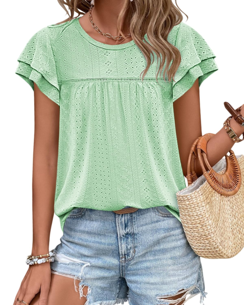 Isara Top Femme – Blusa com Ilhós e Folhos, Corte Babydoll Fluido & Estilo Verão Chic